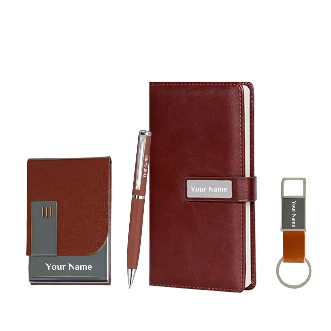 4 in 1 Customized Small Diary with Pen, Card Holder and Keychain Gift Set - Brown 4 in 1 Customized Small Diary with Pen, Card Holder and Keychain Gift Set - Brown