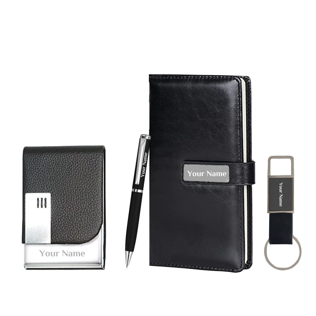 Giftana Personalized Card Holder, Diary with Pen, Keychain with Name - Black Giftana Personalized Card Holder, Diary with Pen, Keychain with Name - Black