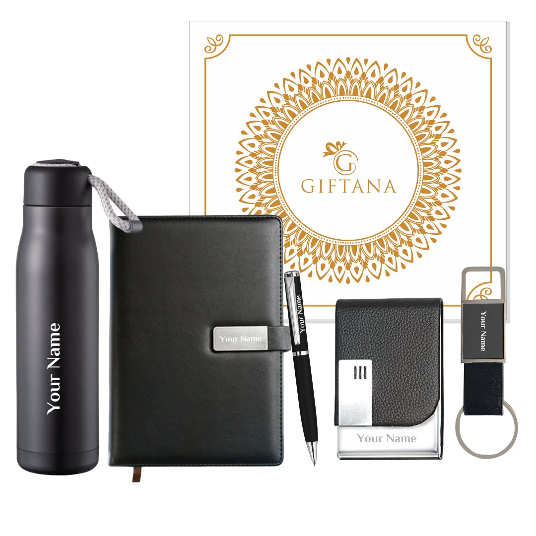 5 in 1 Customized Name Gift Set Pen, Diary, Bottle 500ml, Card Holder, Keychain - Black 5 in 1 Customized Name Gift Set Pen, Diary, Bottle 500ml, Card Holder, Keychain - Black