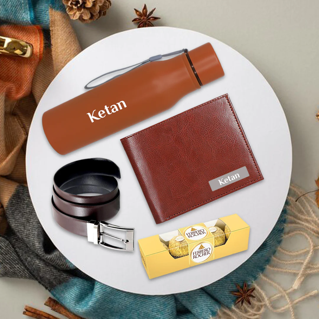 Customized Gift Set for Him – Premium Wallet, Belt, Bottle & Chocolates Customized Gift Set for Him – Premium Wallet, Belt, Bottle & Chocolates