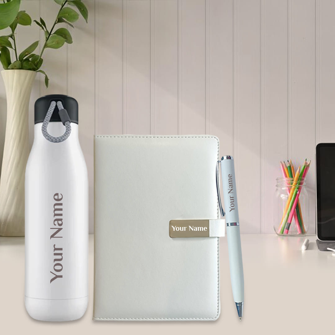 Premium Corporate Gift – 3-in-1 Personalized Flask, Diary & Pen Set
