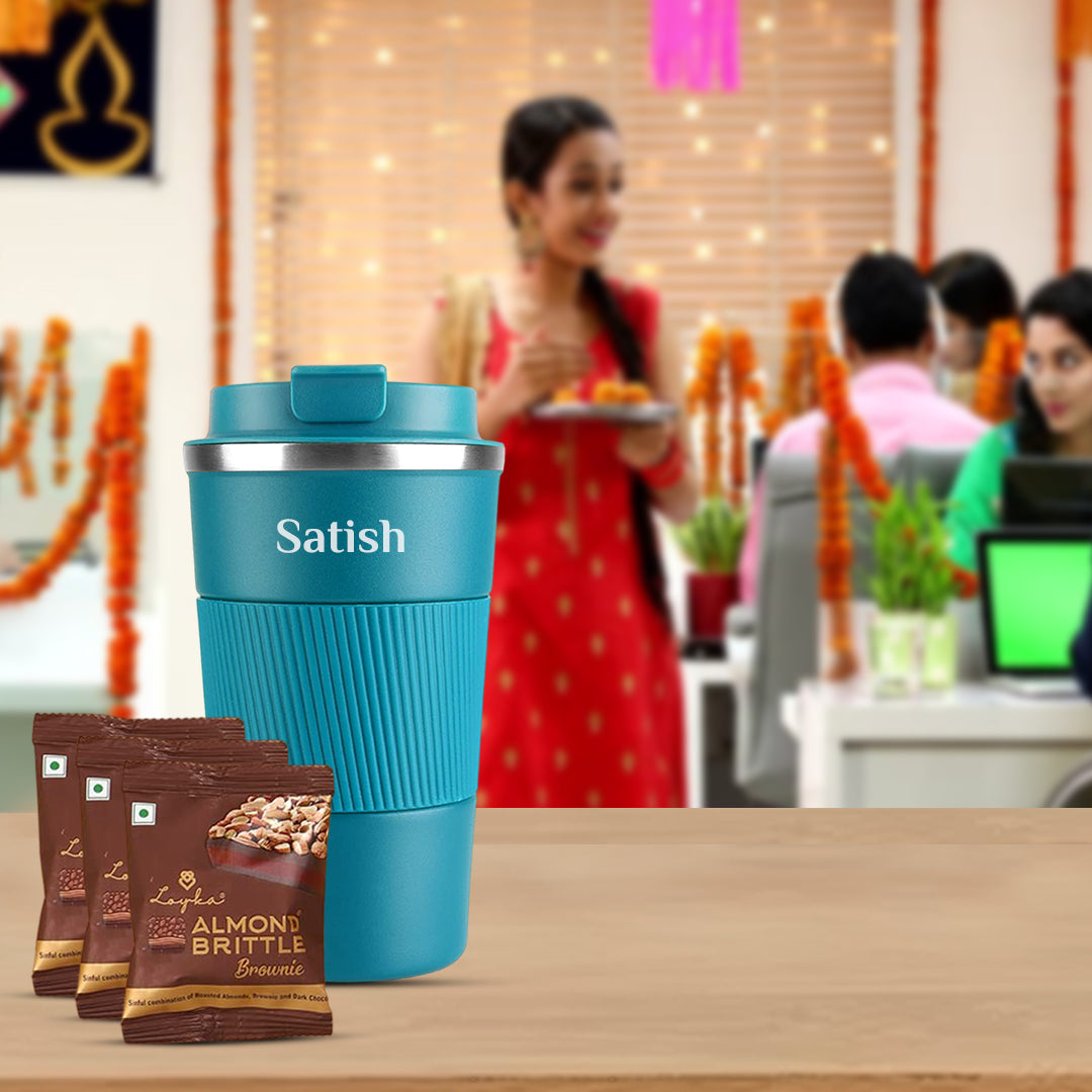Premium Corporate Gift – Personalized Blue Tumbler with Loyka Brownies