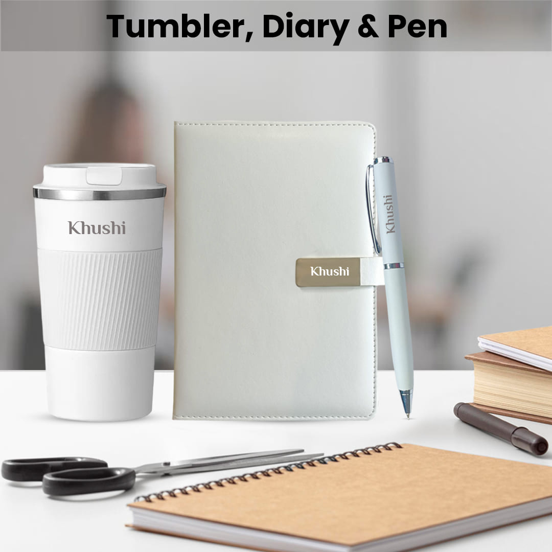 Premium Corporate Gift - 3-in-1 Personalized Set with Diary, Pen & Tumbler Premium Corporate Gift - 3-in-1 Personalized Set with Diary, Pen & Tumbler